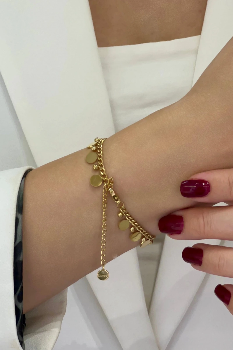 Sık Geçişli Zincir Pul Detay Gold Altın Kaplama Çelik Bileklik
