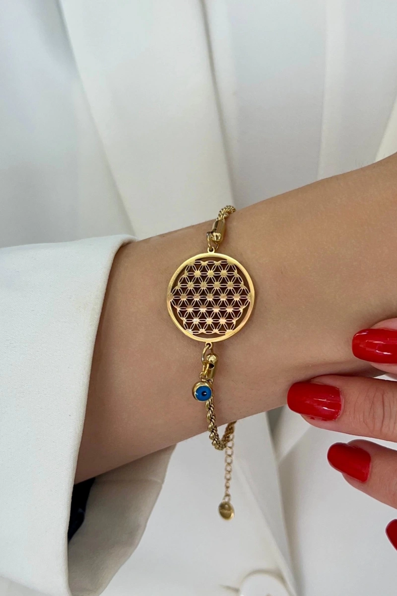 Burgu Zincir Yaşam Çiçeği Detay Gold Altın Kaplama Çelik Bileklik