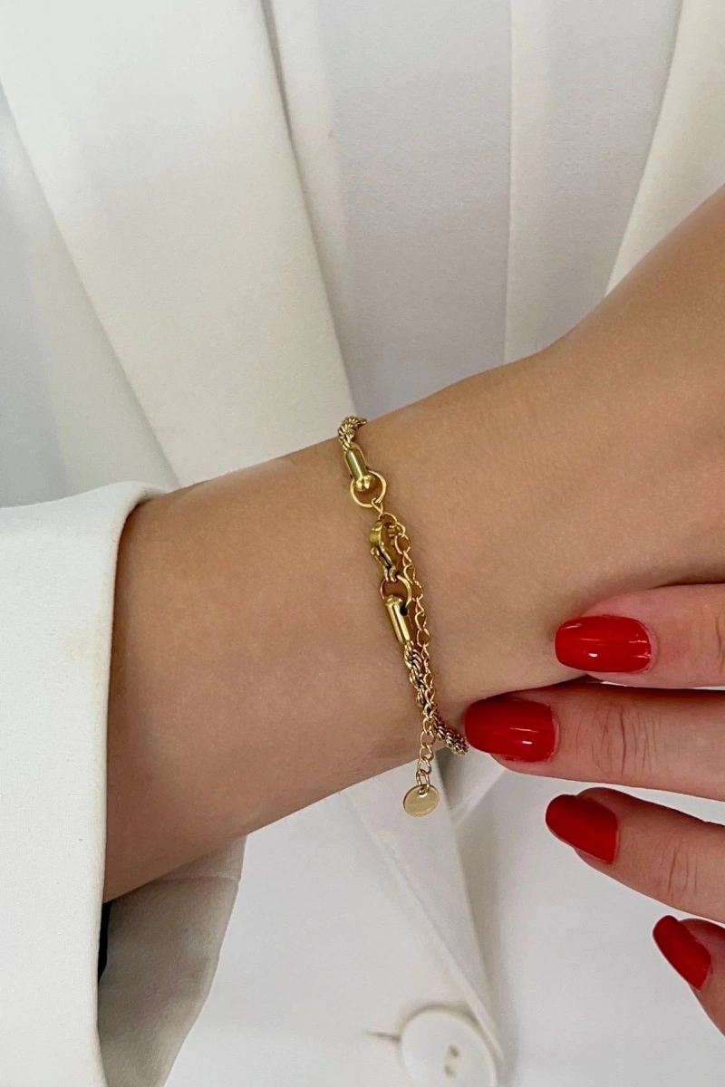 Burgu Zincir Yaşam Çiçeği Detay Gold Altın Kaplama Çelik Bileklik