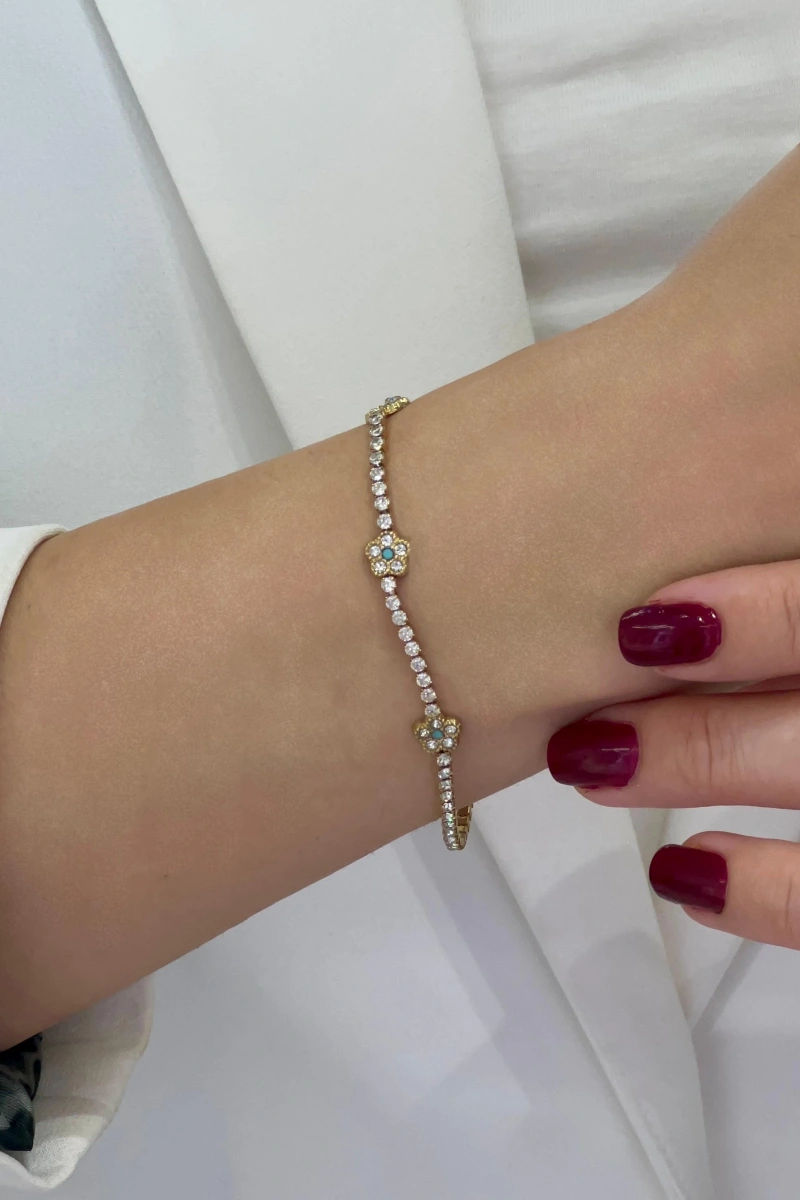 Su Yolu Model Mavi Taşlı Çiçek Detay Gold Altın Kaplama Çelik Bileklik