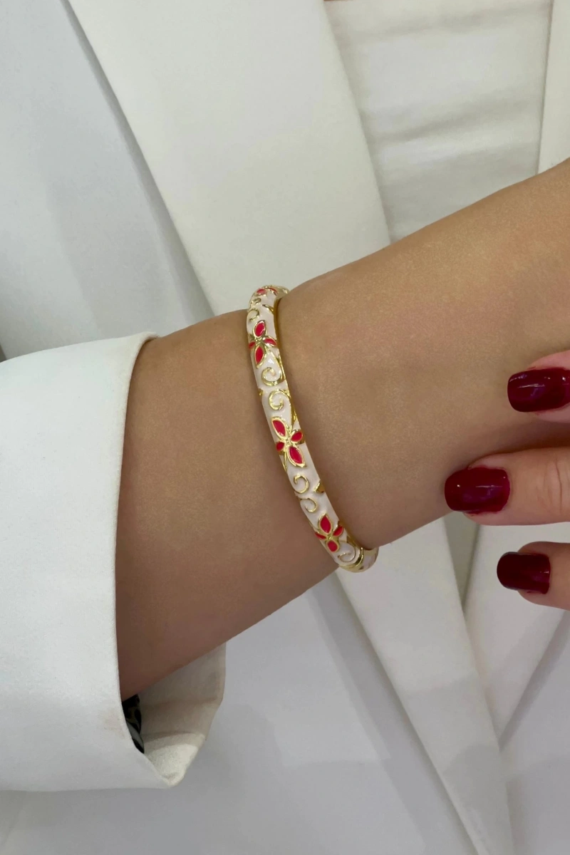 Beyaz Kırmızı Renk Mineli Model Altın Kaplama Bileklik