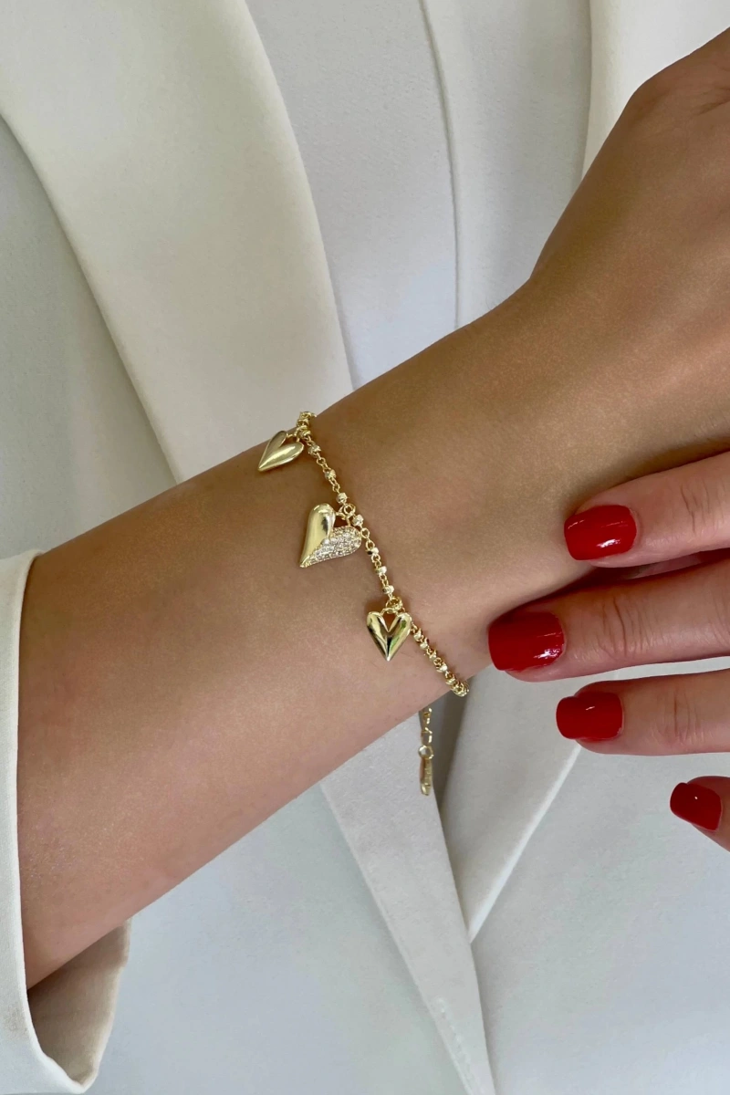 Dorika Zincir Sallantılı Kalp Detay Gold Altın Kaplama Bileklik