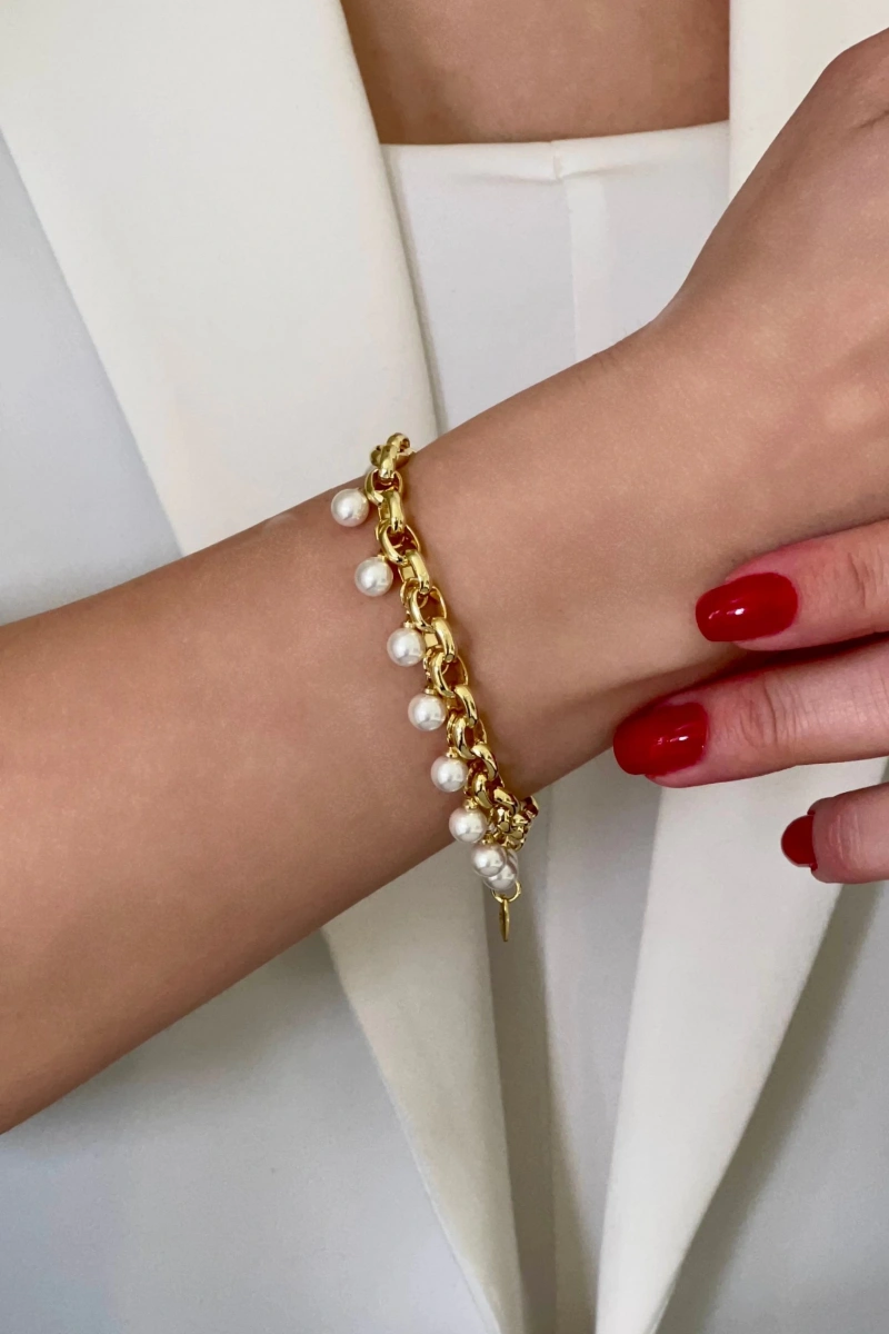 Halka Zincir İnci Detay Gold Altın Kaplama Bileklik
