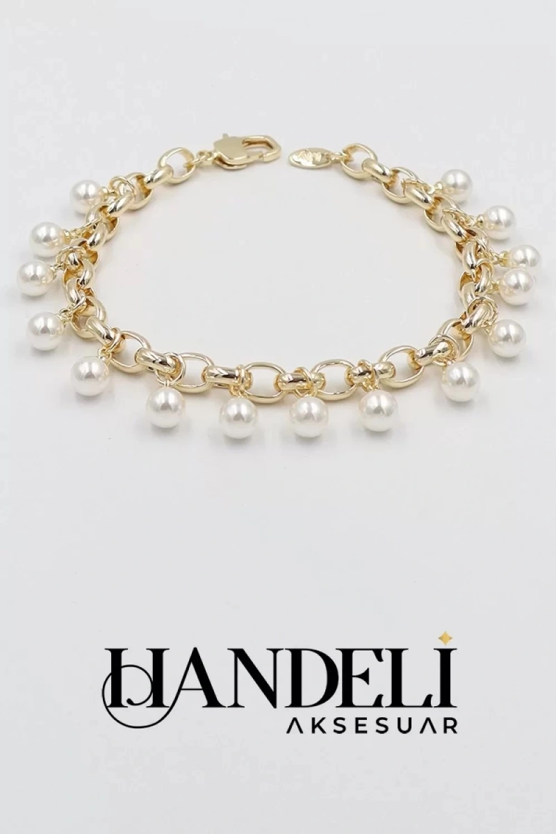 Halka Zincir İnci Detay Gold Altın Kaplama Bileklik
