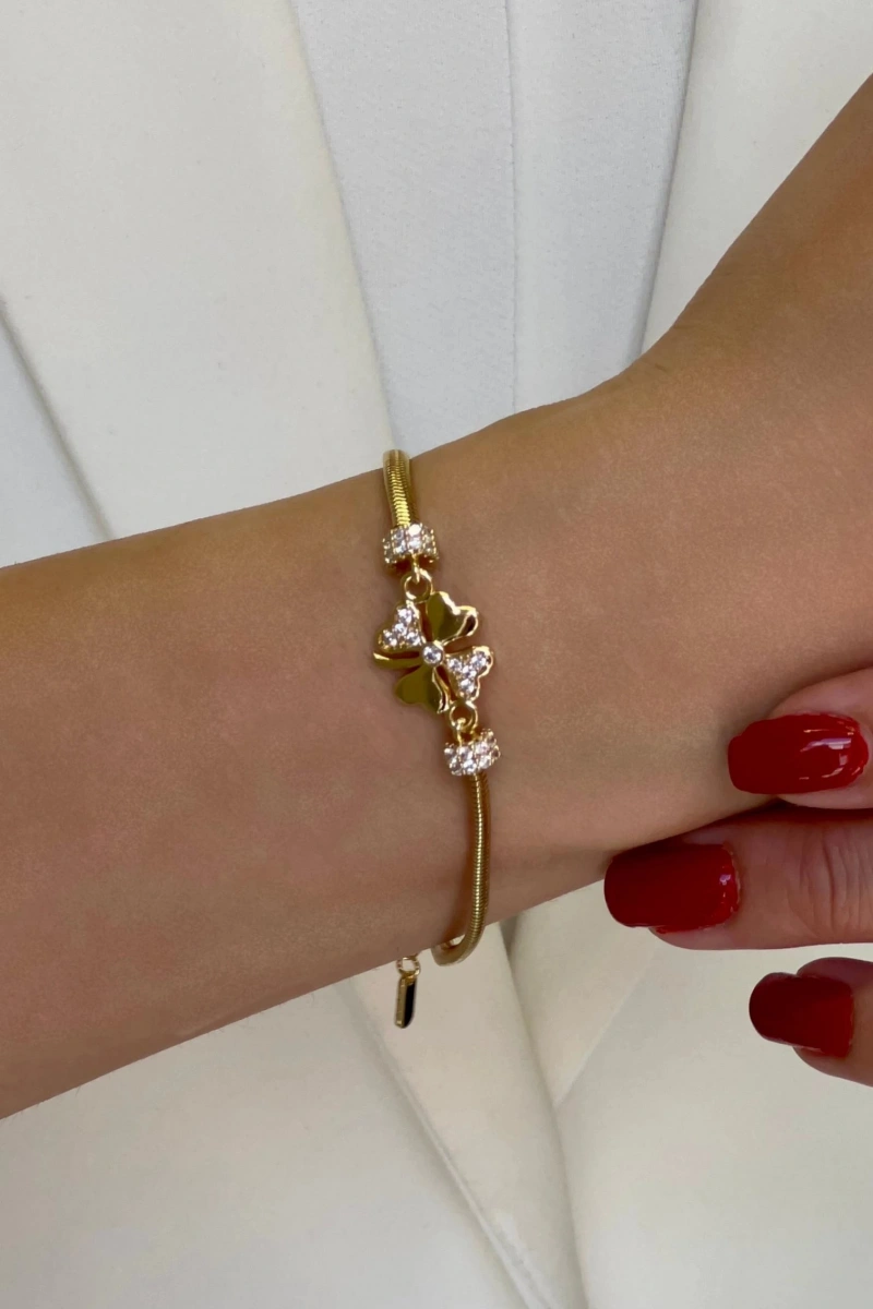 Boru Zincir Taşlı Yonca Charm Gold Altın Kaplama Bileklik
