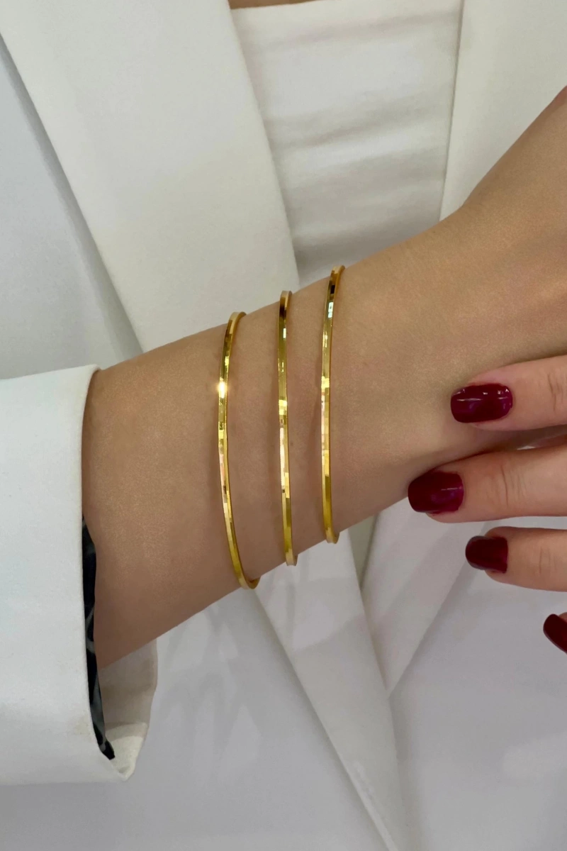 Üçlü Çift Sıra Desen Gold Altın Kaplama Ajda Bilezik