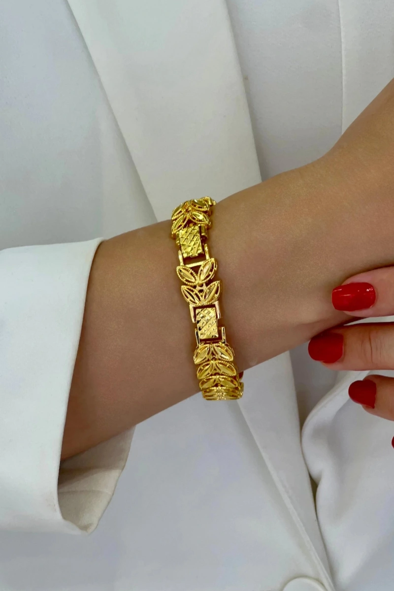 Kilit Detay Yaprak Model Gold Altın Kaplama Bileklik