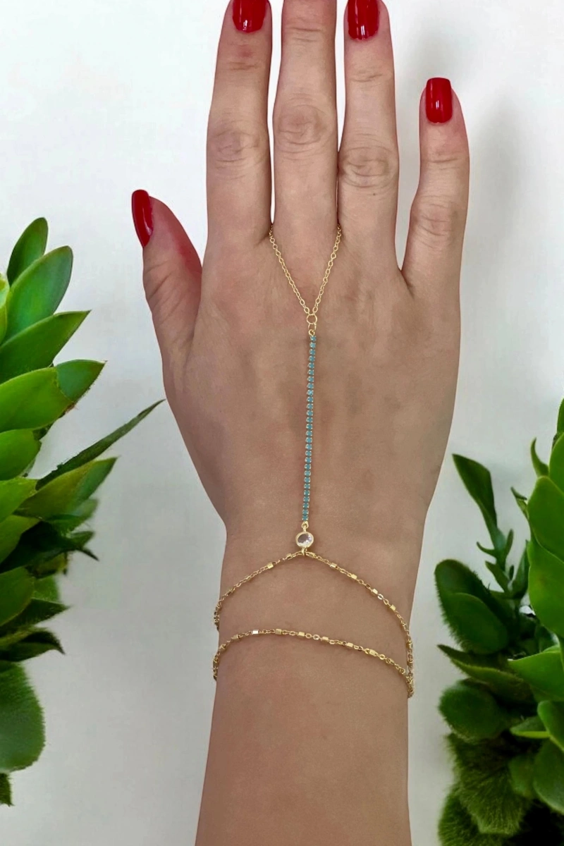 Mavi Taş Detay Pul Zincir Gold Altın Kaplama Şahmeran