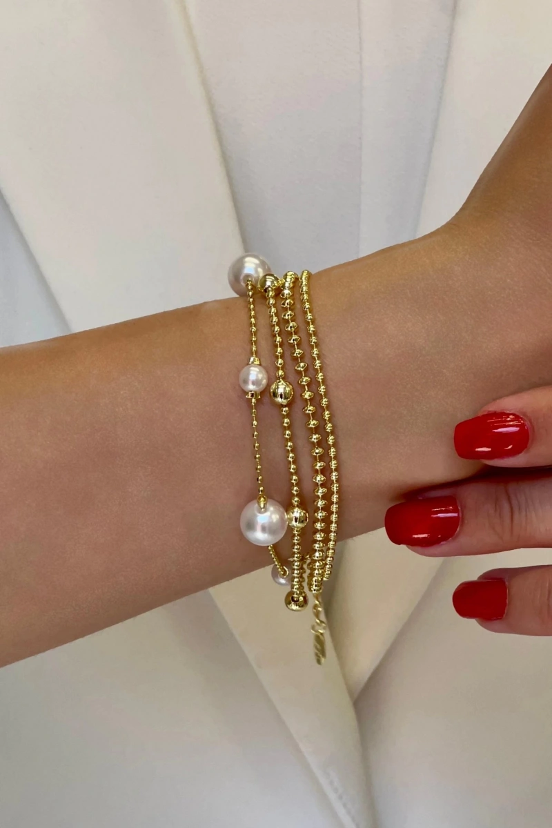 Dört Zincir İnci Dorika Gold Altın Kaplama Bileklik