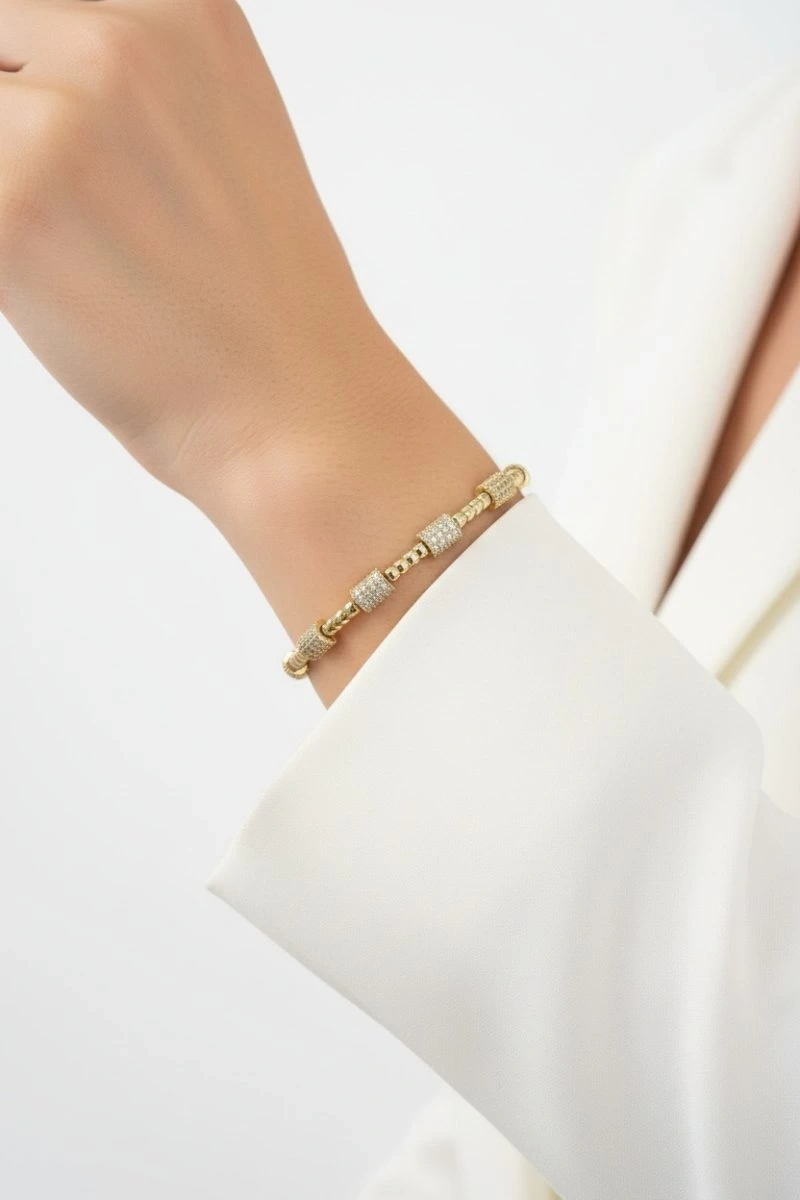 Taşlı Blok Dorika Detay Gold Altın Kaplama Bileklik