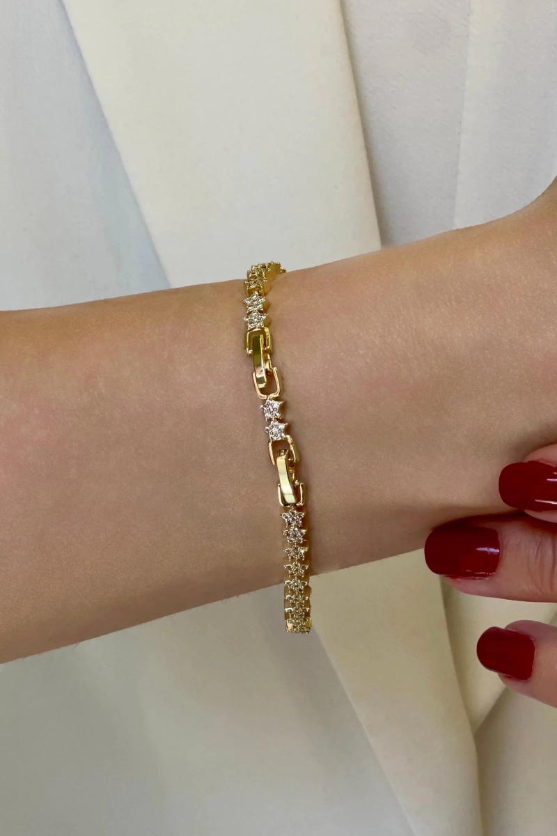 Tam Sıralı Yıldız Taş Gold Altın Kaplama Bileklik