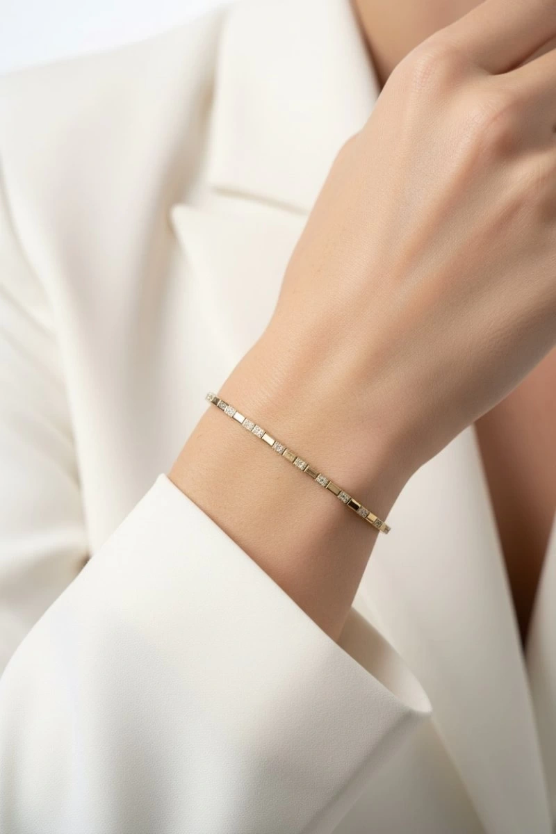 Yarı Taşlı Blok Gold Altın Kaplama Bileklik