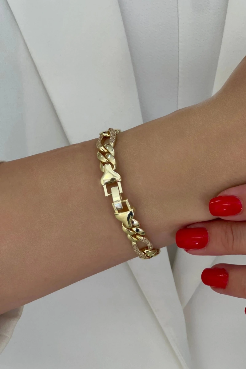 İnce Ezik Bağlı Model Taşlı Geçiş Detay Gold Altın Kaplama Bileklik