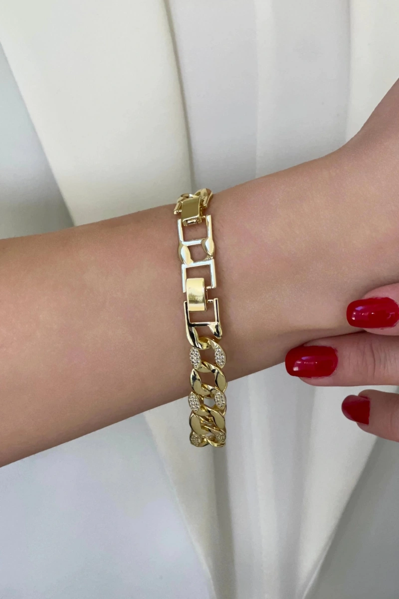 Ezme Oval Yarı Taşlı Model Gold Altın Kaplama Bileklik