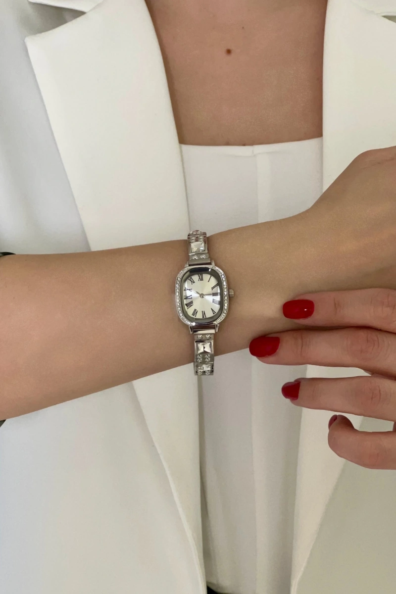 Çizgili Kordon Taş Detay Roma Rakam Kadran Beyaz Kadın Kol Saati