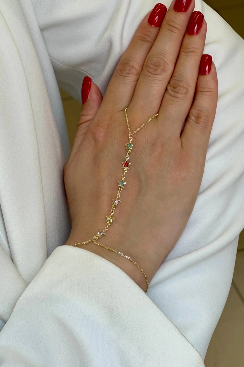 Çok Renkli Sıralı Yıldız Model Beyaz Altın Kaplama Şahmeran