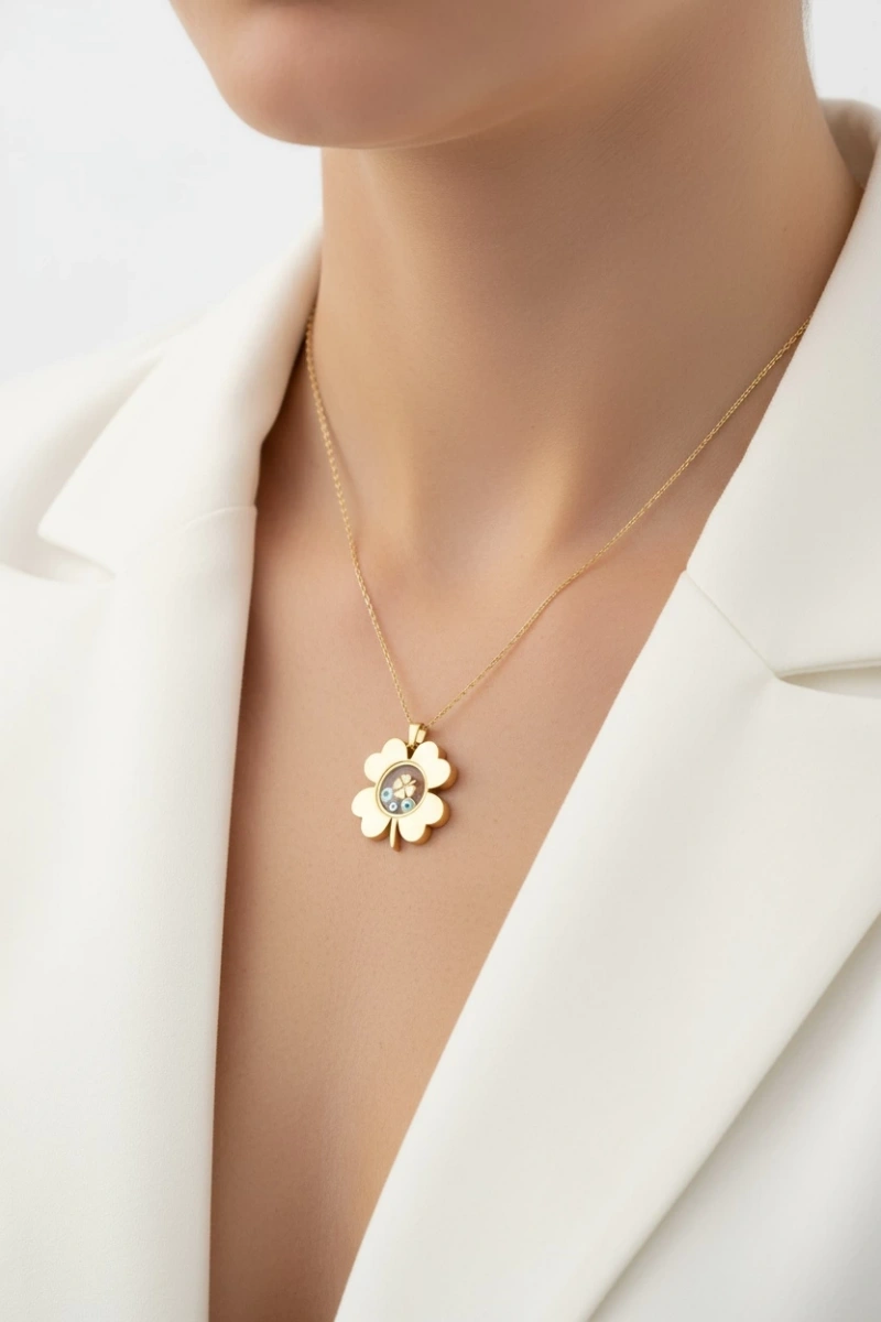 Yonca Model Cam Detay Gold Altın Kaplama Çelik Kolye