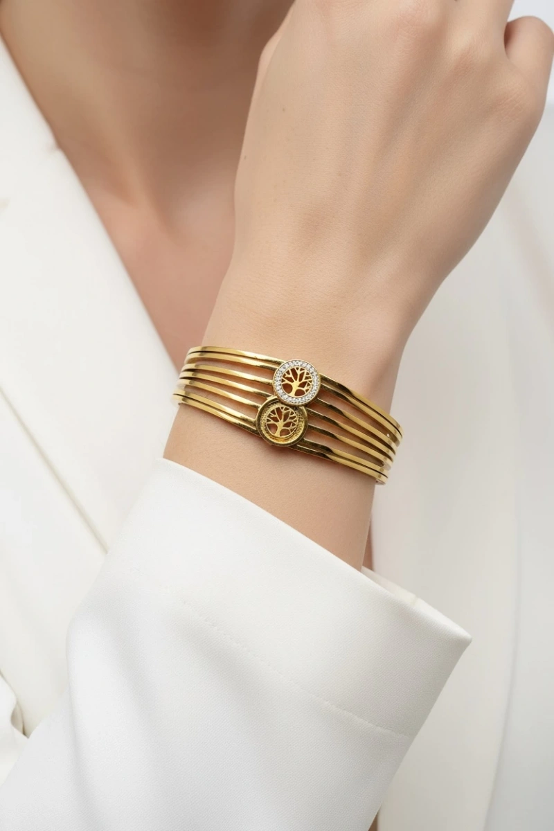 Yaşam Ağacı Model Kalın Gold Altın Kaplama Bileklik