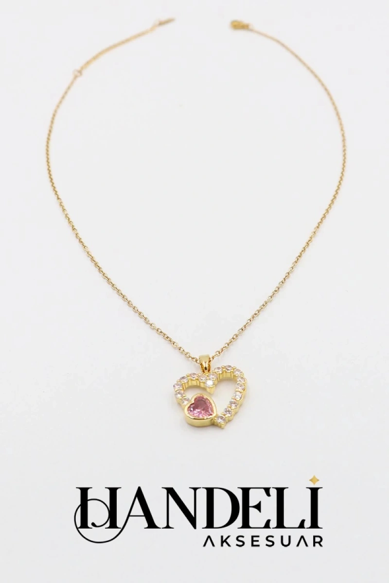 Kalp İçi Pembe Kalp Model Taş Detay Gold Altın Kaplama Kolye