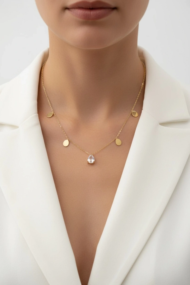 Damla Taş Detay Gold Altın Kaplama Çelik Kolye