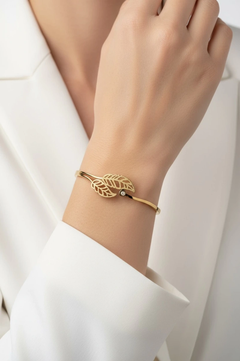 Çift Yaprak Model Simli Gold Altın Kaplama Bileklik