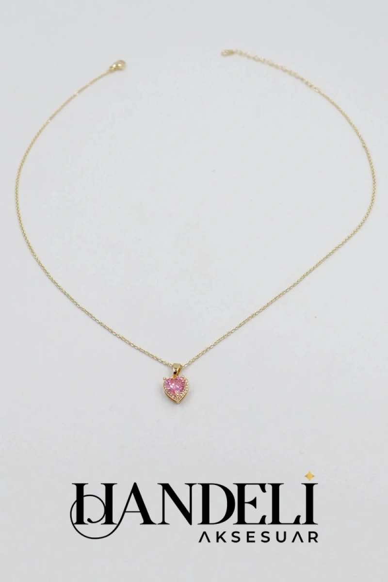 Düz Zincir Pembe Kalp Detay Gold Altın Kaplama Kolye