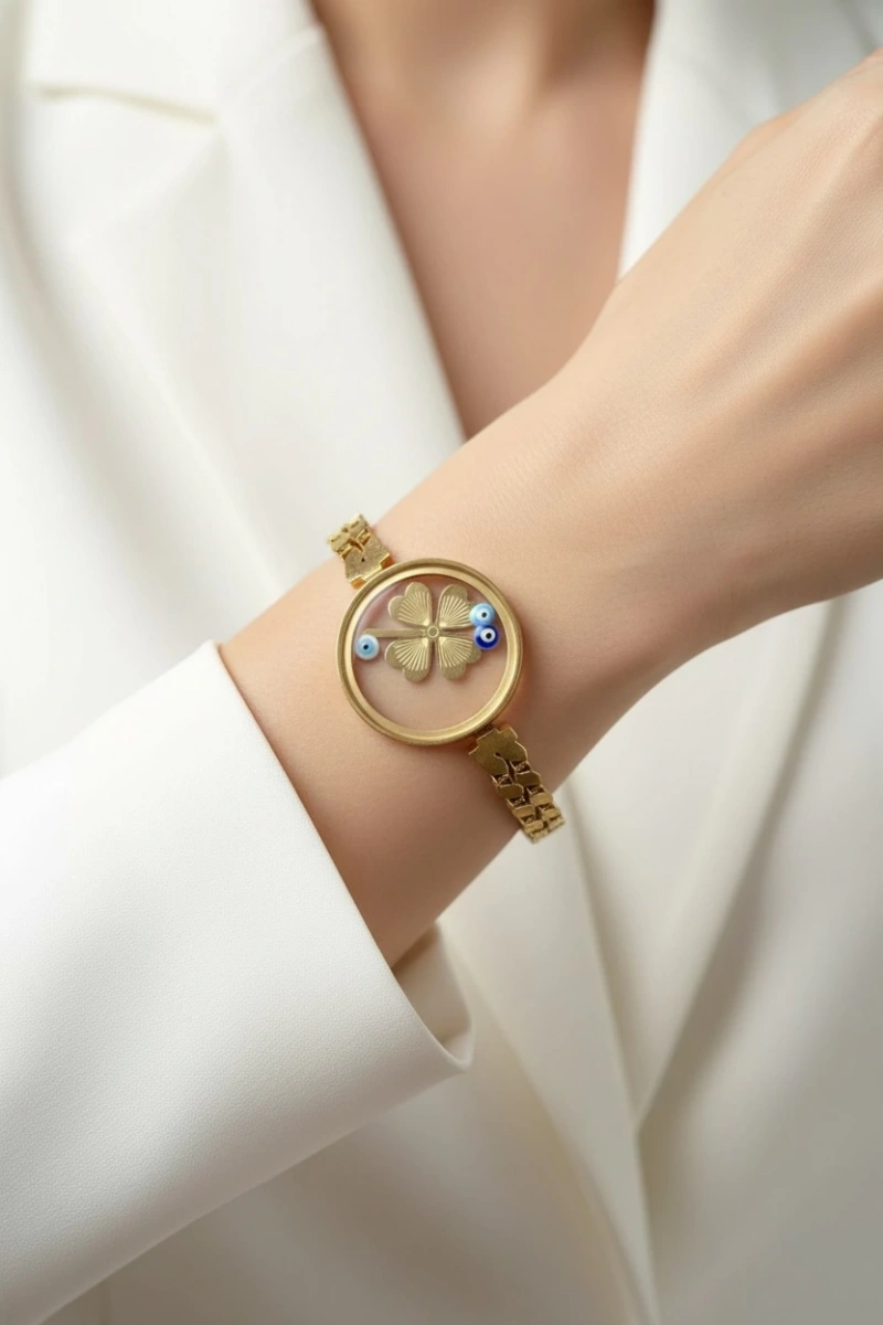 Cam Çerçeve Yonca Model Gold Altın Kaplama Bileklik