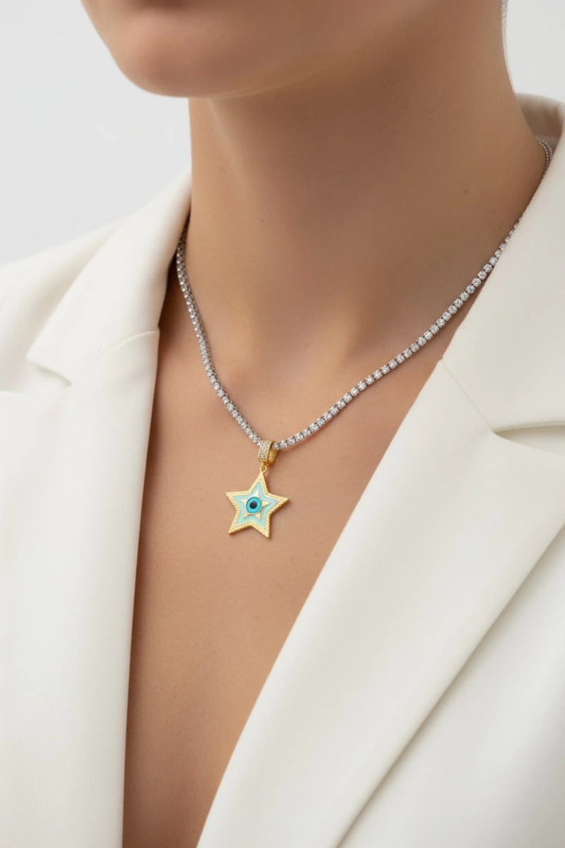 Su Yolu Model Yıldız Detay Gold Altın Kaplama Kolye