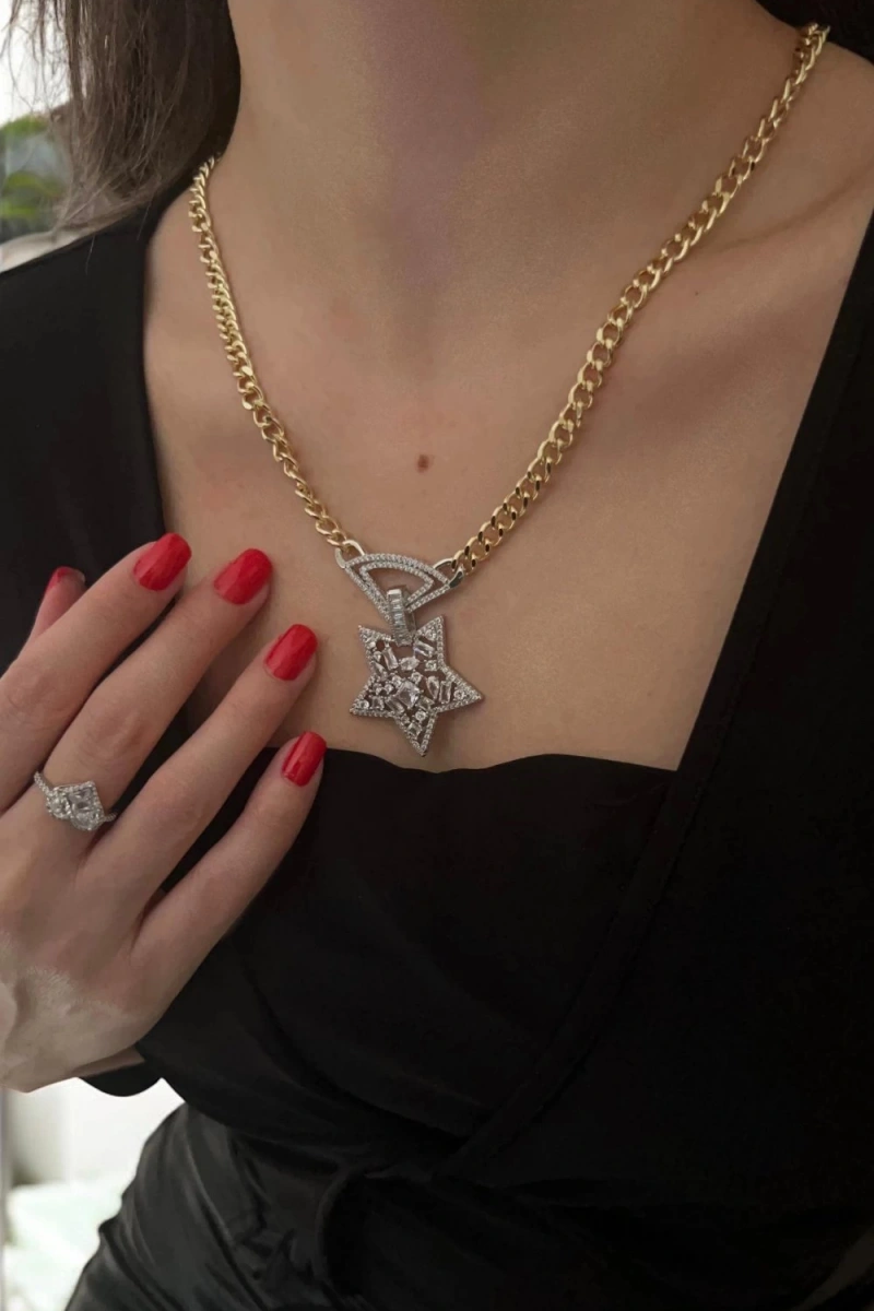 Ezme Zincir Zirkon Taş Yıldız Gold Altın Kaplama Kolye