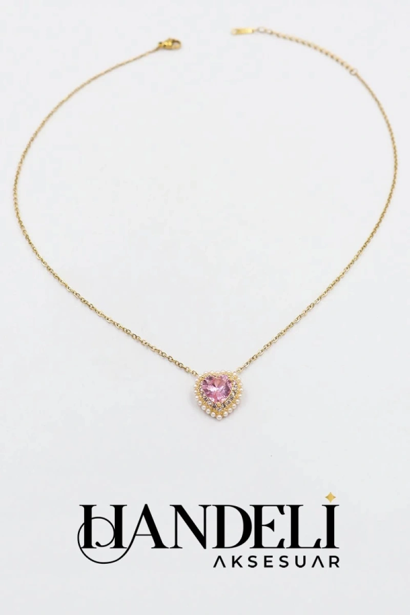 İnci Detay Pembe Kalp Detay Gold Altın Kaplama Kolye