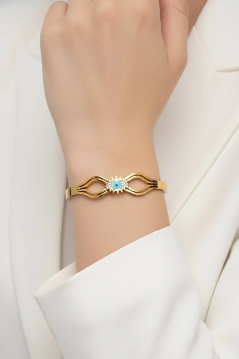Sonsuzluk Detay Mavi Göz Model Gold Altın Kaplama Kelepçe
