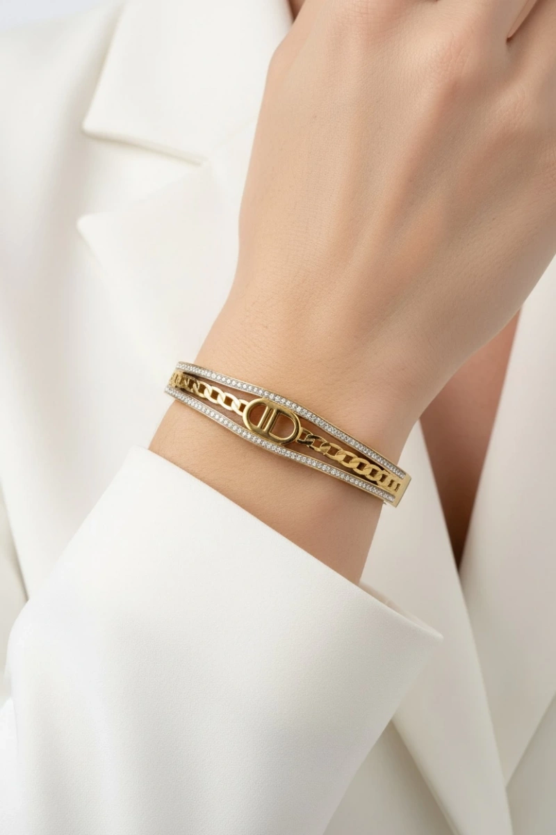 Çift D Sarmal Model Taş Detay Gold Altın Kaplama Bileklik
