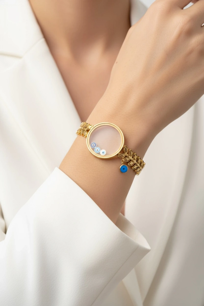 Cam Çerçeve Boş Nazar Boncuk Detay Yaprak Model Gold Altın Kaplama Bileklik