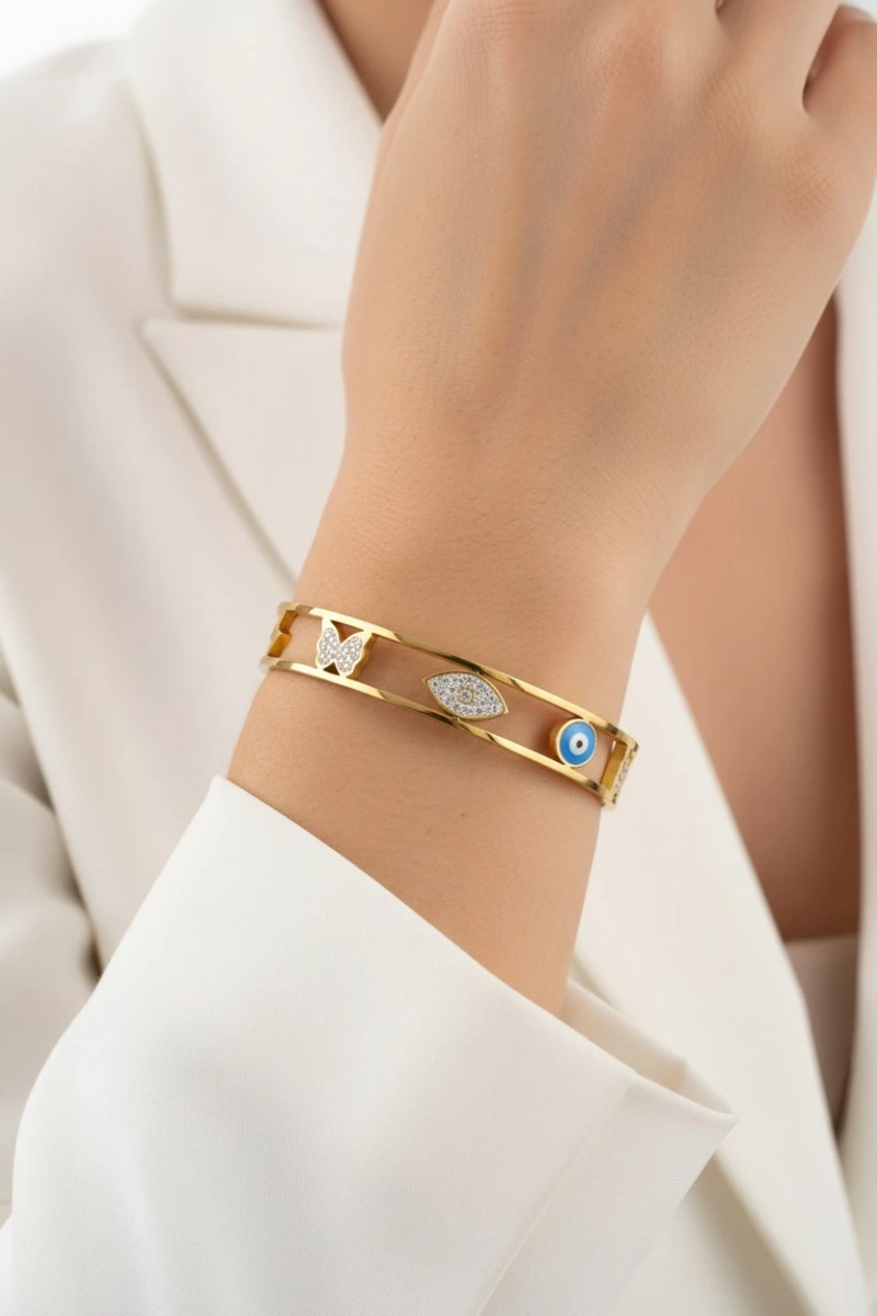 Taşlı Göz Model Gold Altın Kaplama Bileklik