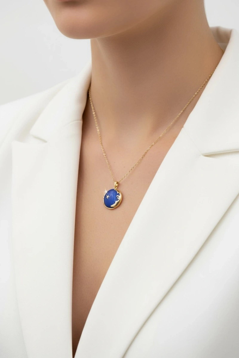 Lacivert Oval Taban Ay Yıldız Detay Gold Altın Kaplama Kolye