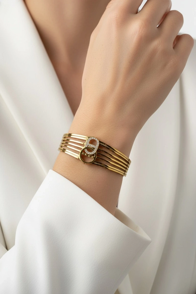 İki Halkalı CD Detay kalın Model Gold Altın Kaplama Bileklik