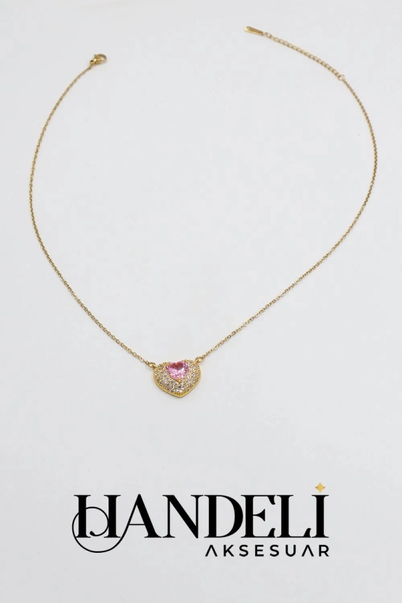 Pembe Kalp Model Taş Detay Gold Altın Kaplama Kolye
