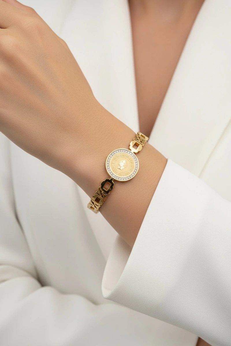 Çeyrekli Model Geçiş Halka Göz Detay Gold Altın Kaplama Bileklik