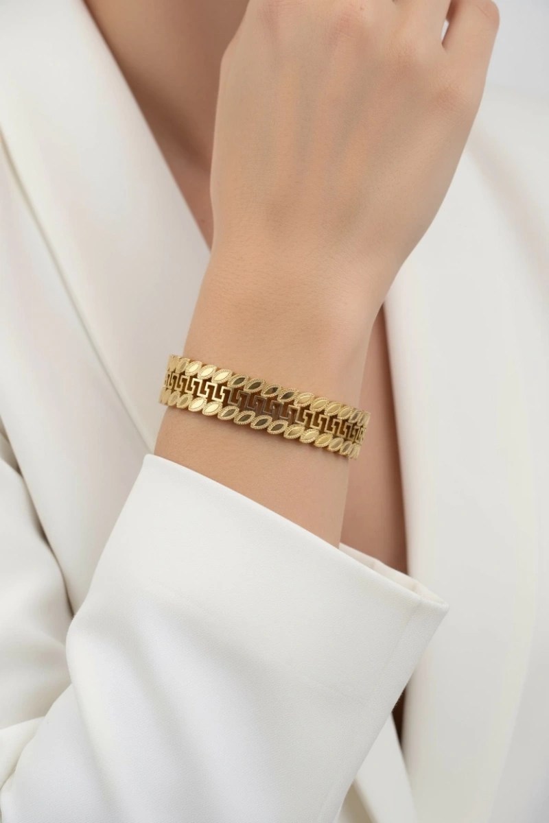 Çift Sıra Yaprak Gold Altın Kaplama Çelik Bileklik