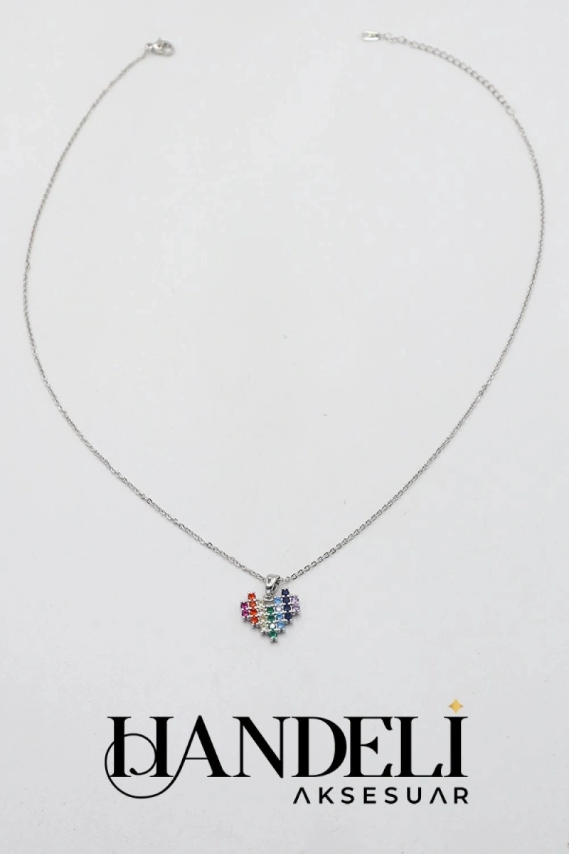 Renkli Kalp Model Beyaz Altın Kaplama Çelik Kolye