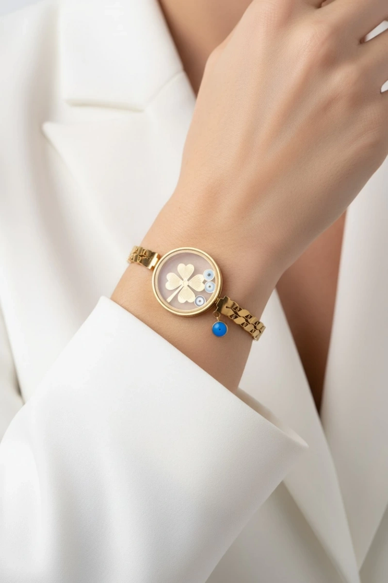 Arpa Zincir Cam Çerçeve Açılır Yonca Gold Altın Kaplama Çelik Bileklik