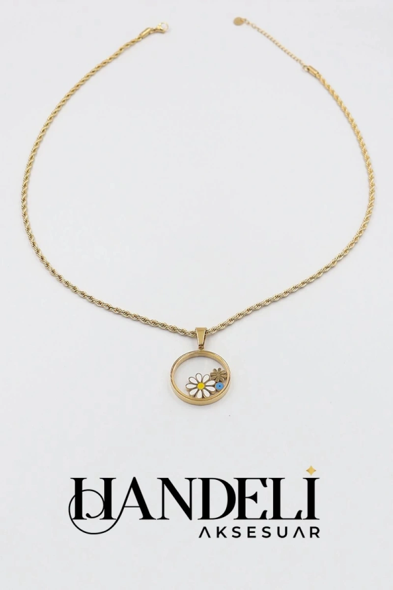 Burgu Zincir Cam Çerçeve Papatya Model Gold Altın Kaplama Çelik Kolye