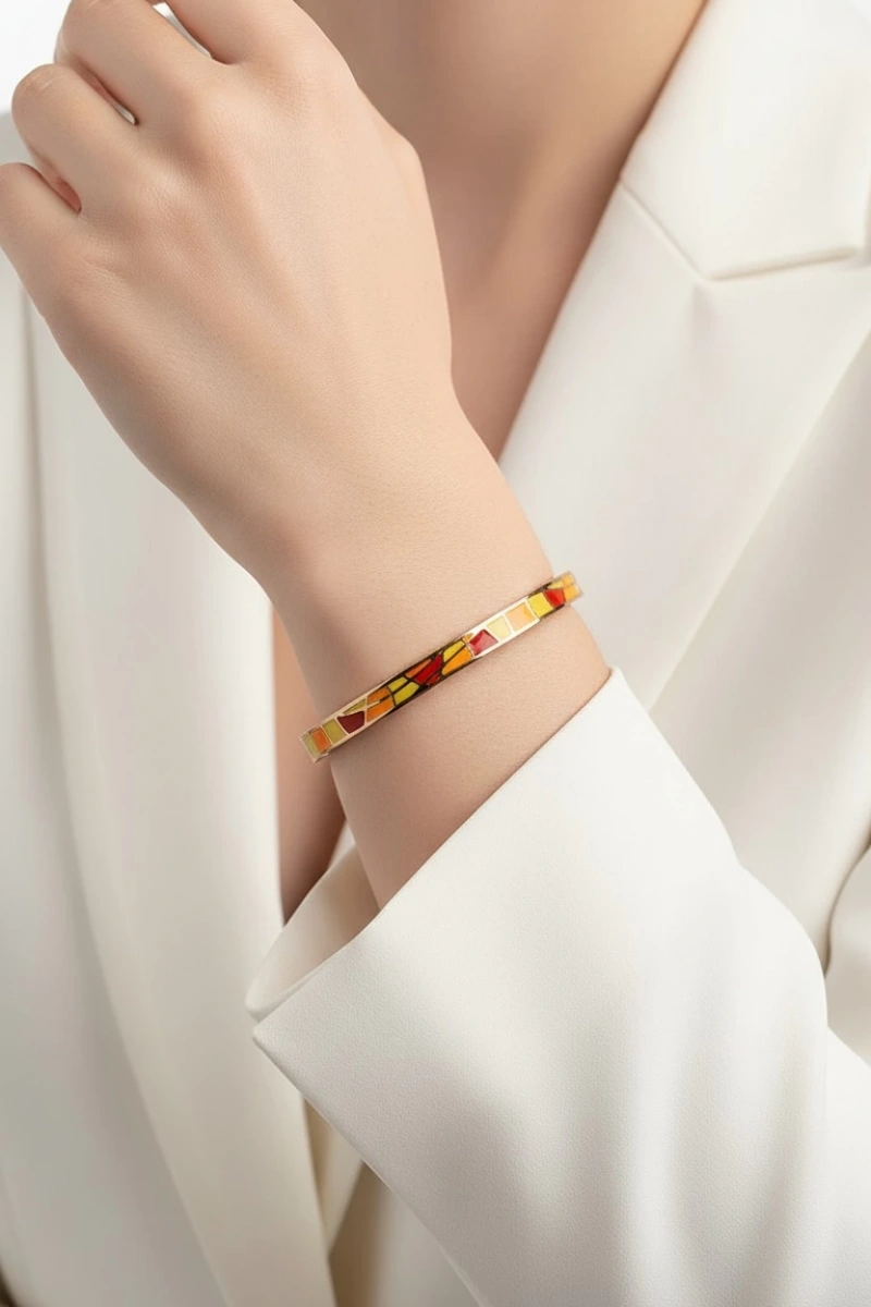 Renkli Düz Turuncu Detay Gold Altın Kaplama Bileklik