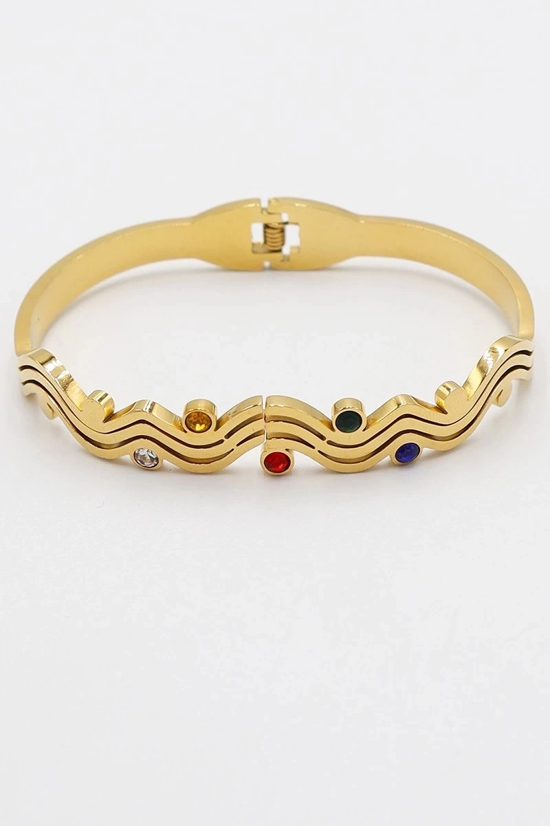 Dalgalı Kordon Renkli Taş Detay Gold Altın Kaplama Bileklik