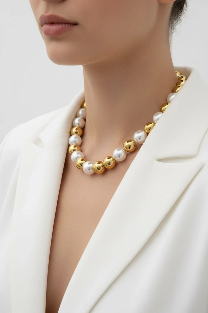 Beyaz Altın Sıra Top İnci Model Altın Kaplama Kolye