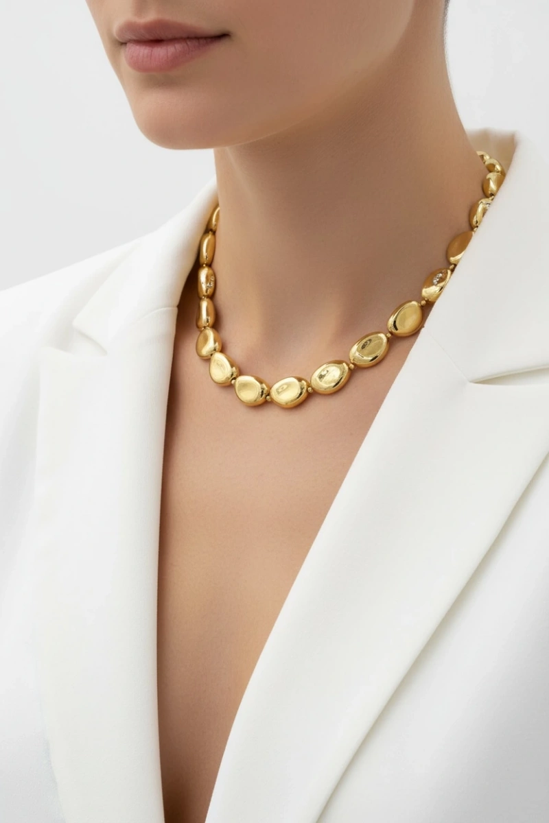 Büyük Çakıl Taşı Model Gold Kaplama Kolye