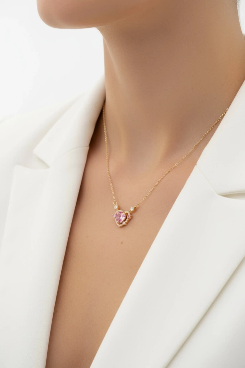 Pembe Çift Kalp Gold Altın Kaplama Çelik Kolye