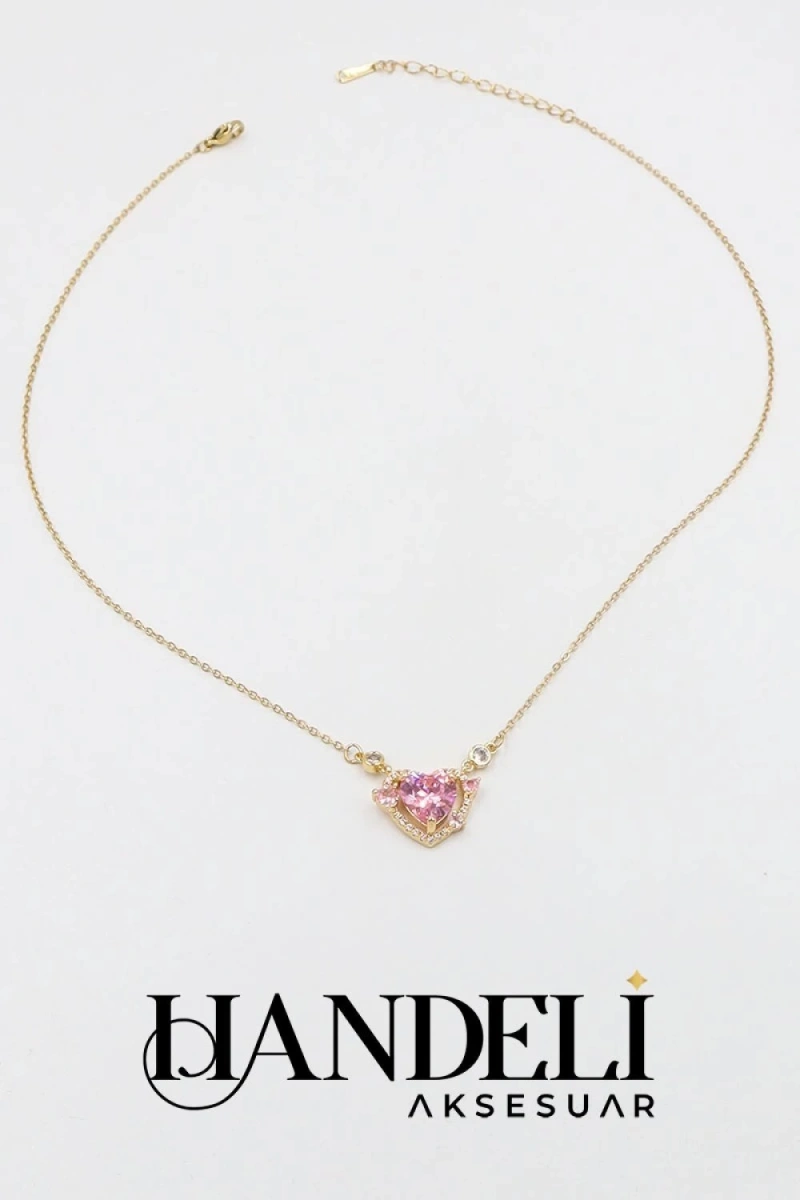 Pembe Çift Kalp Gold Altın Kaplama Çelik Kolye