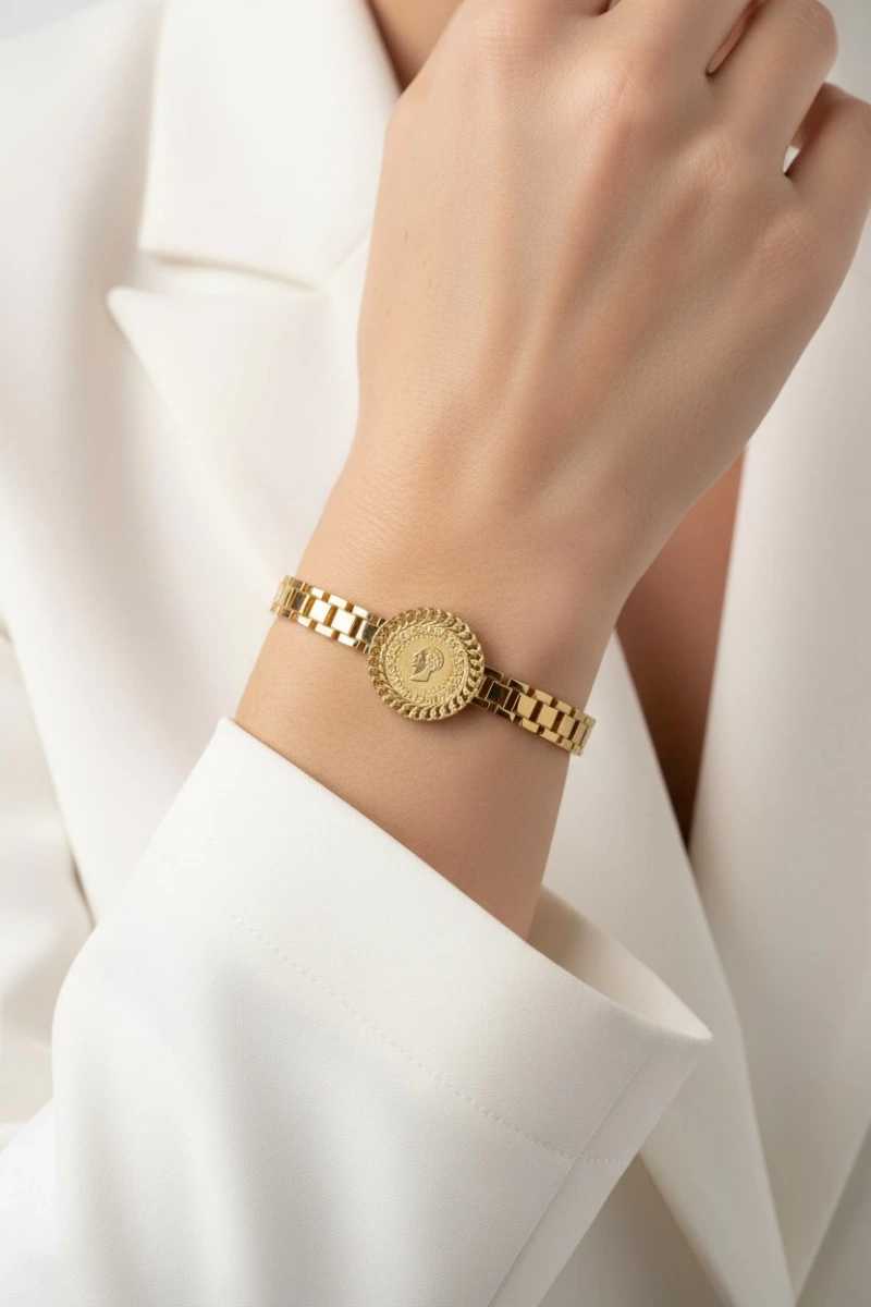 Çeyrek Model Kilit Detay Gold Altın Kaplama Bileklik