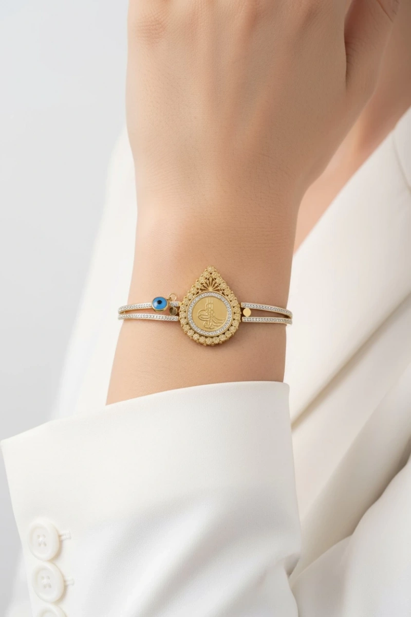 Tuğra Detay Damla Model Gold Altın Kaplama Kelepçe